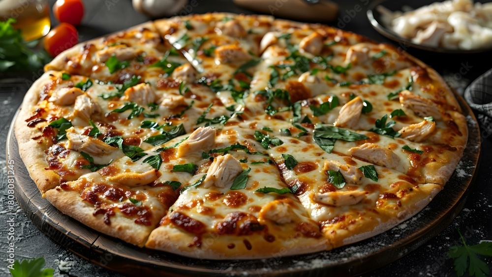 Close-up of a mouthwatering chicken and cheese pizza adorned with a plethora of chicken toppings. Concept Food Photography, Pizza Food Styling, Cheese Pizza, Delicious Chicken Toppings Close-up of a mouthwatering chicken and cheese pizza adorned with a plethora of chicken toppings. Concept Food Photography, Pizza Food Styling, Cheese Pizza, Delicious Chicken Toppings