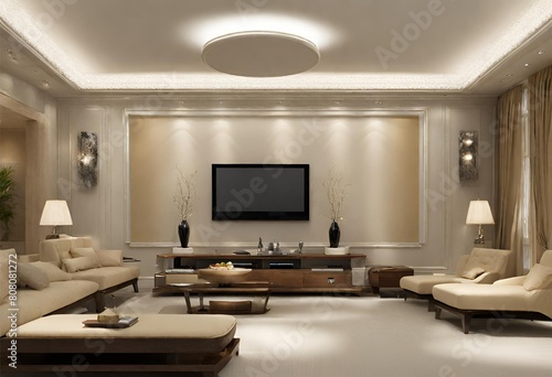 3d render of a living room with TV beautiful furniture