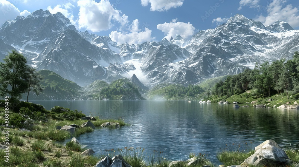 Fotografie Mountains, lake and sky
