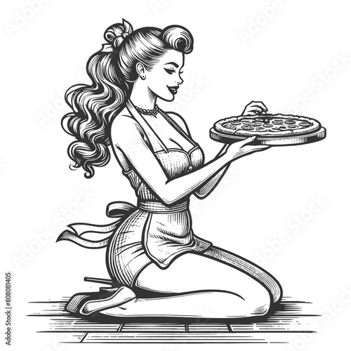 beautiful chef woman holding up pizza, culinary themes pin up sketch engraving generative ai fictional character vector illustration. Scratch board imitation. Black and white image. © Oleksandr Pokusai