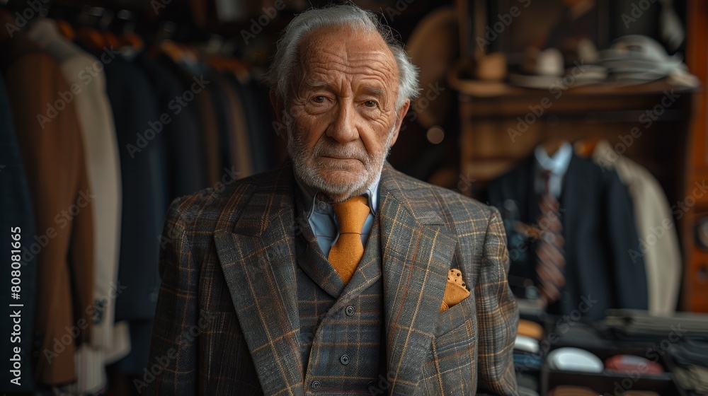 An elderly gentleman exuding confidence in a tailored suit, epitomizing timeless elegance and sophistication.