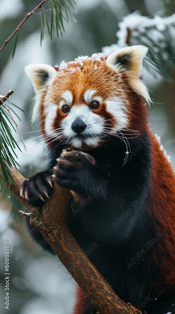 Fototapeta premium Snow-Covered Red Panda in Winter Wonderland