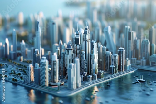 A miniature model of a modern city with skyscrapers and a marina