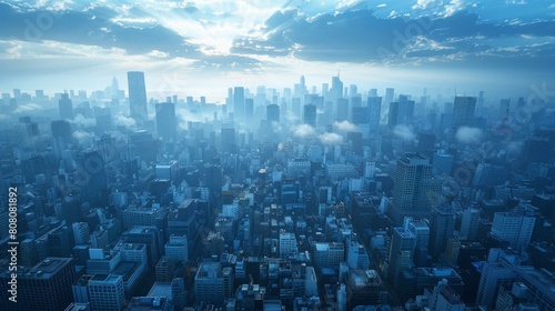 A cityscape of a large dense urban area with many skyscrapers reaching up to the sky
