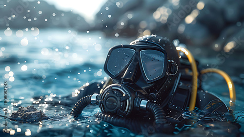 A closeup of Scuba Diving Diving gear, against Water as background, hyperrealistic sports accessory photography, copy space