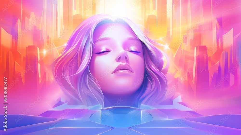 A woman's face is shown in a colorful, dreamy background A woman's face is shown in a colorful, dreamy background