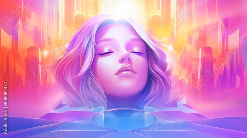 A woman s face is shown in a colorful  dreamy background