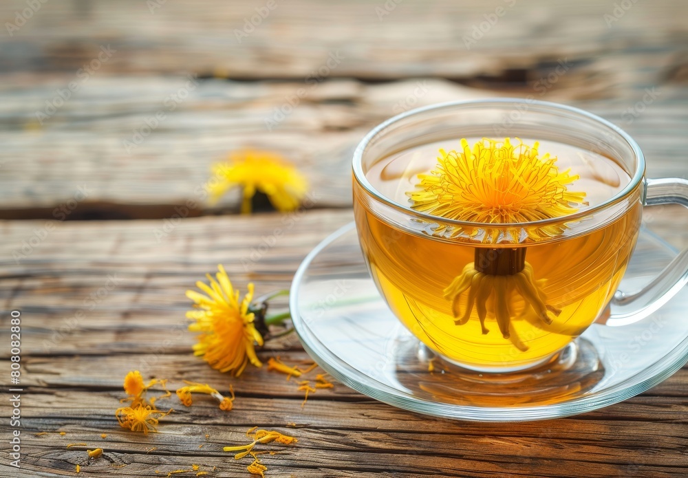 Dandelion herbal tea, with a fresh yellow flower in a cup on wooden background, is a vitamin-rich drink promoting health Dandelion herbal tea, with a fresh yellow flower in a cup on wooden background, is a vitamin-rich drink promoting health