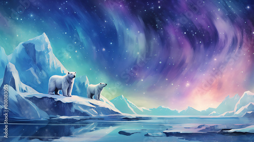 Design a watercolor background showcasing an arctic scene with polar bears on an ice floe under the aurora borealis photo