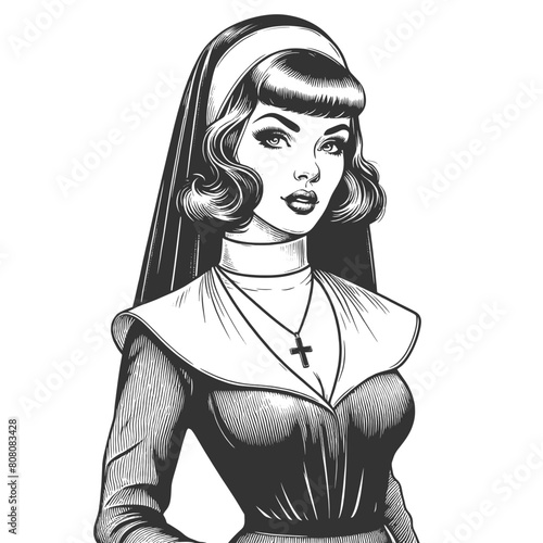 pin-up style nun with a modern twist, featuring stylish hair and a crucifix necklace sketch engraving generative ai fictional character vector illustration. Black and white image.