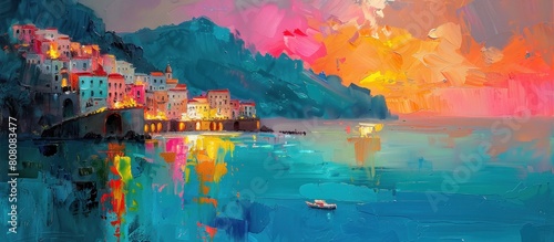 Colored paintings of lakes and mountain cities photo