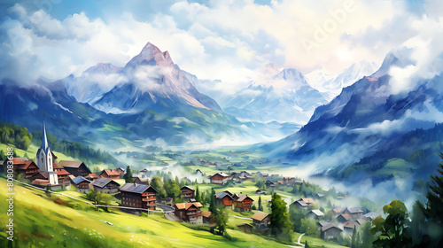 Design a watercolor background showcasing a panoramic view of the Alps with quaint villages nestled in the valleys