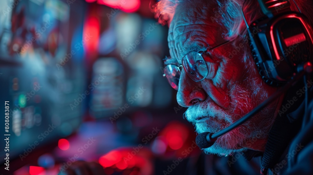 Obraz premium Elderly man gaming intensely using a headset in a room illuminated by neon lights