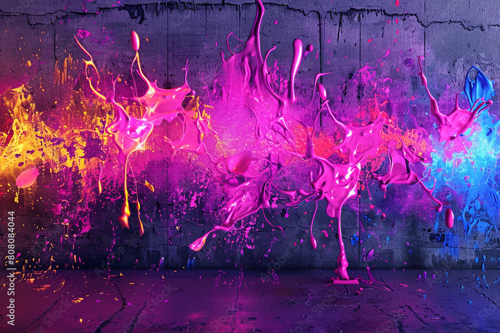 A vibrant tapestry of neon paint splashes against a gritty, urban concrete wall, capturing the spontaneous energy of street art in an abstract form, 