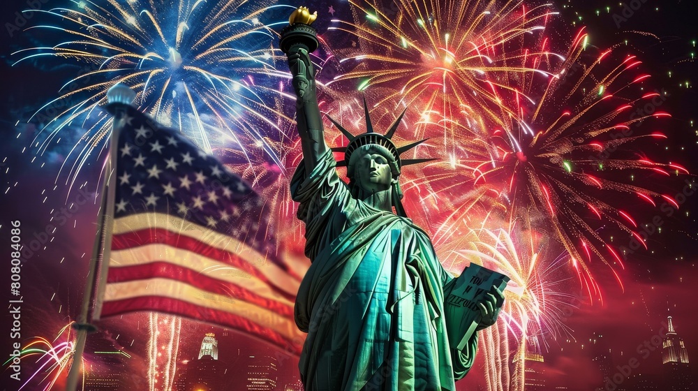 Statue of Liberty over the Multicolor Fireworks Celebrate with the United state of America. generative ai