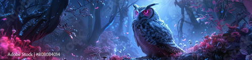 An owl with glowing red eyes is perched on a branch in a dark forest. The owl is surrounded by colorful mushrooms and flowers. The scene is lit by a full moon. photo