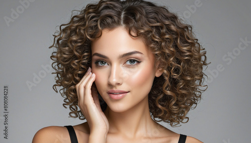 Stylish young female model with curly hair touching her hair