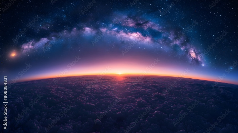 Captivating Cosmic Landscape at Dusk with Glowing Milky Way Galaxy and Serene Horizon