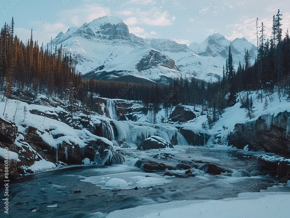 Fototapeta premium Frozen rivers beneath snow-capped mountains, icebound waterfalls in winter's embrace, nature's quietude