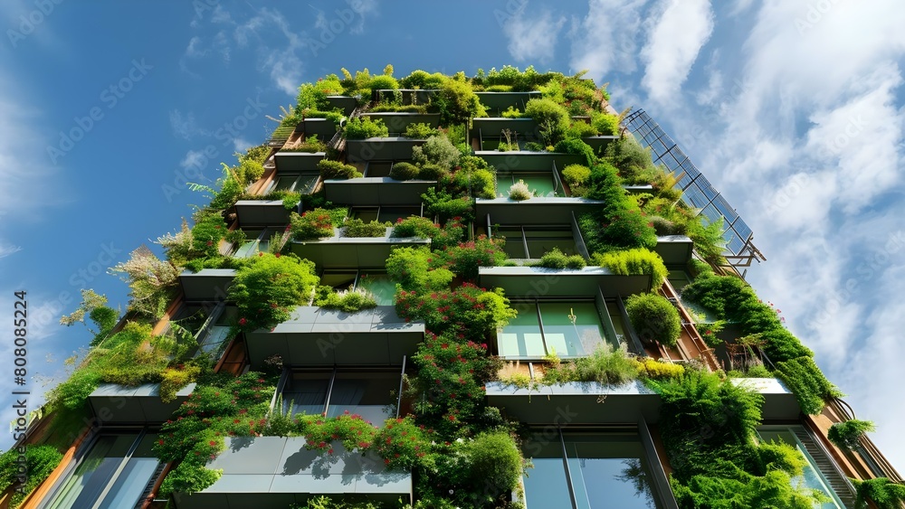 Creating Eco-Friendly Urban Spaces with Vertical Gardens, Solar Panels, and Artistic Design. Concept Eco-Friendly Urban Spaces, Vertical Gardens, Solar Panels, Artistic Design