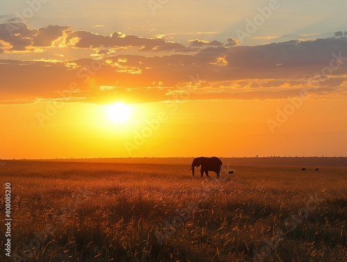 Golden savannah at sunset  silhouette of a lone elephant against the horizon