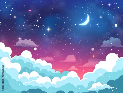 Enchanting Nighttime Landscape with Crescent Moon and Twinkling Stars in Vibrant Starry Skies