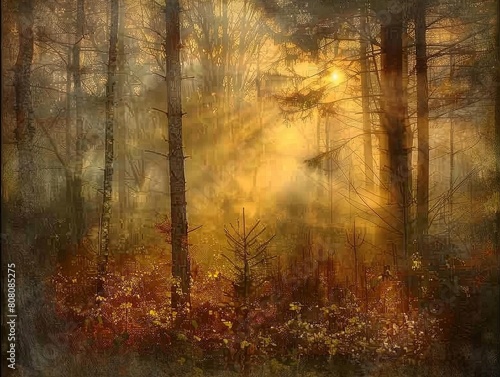 Golden sunrise over a misty forest  rays peeking through trees  a new day s promise captured in nature s embrace