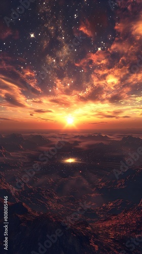 Fiery Cosmic Sunset Over Awe Inspiring Mountainous Landscape