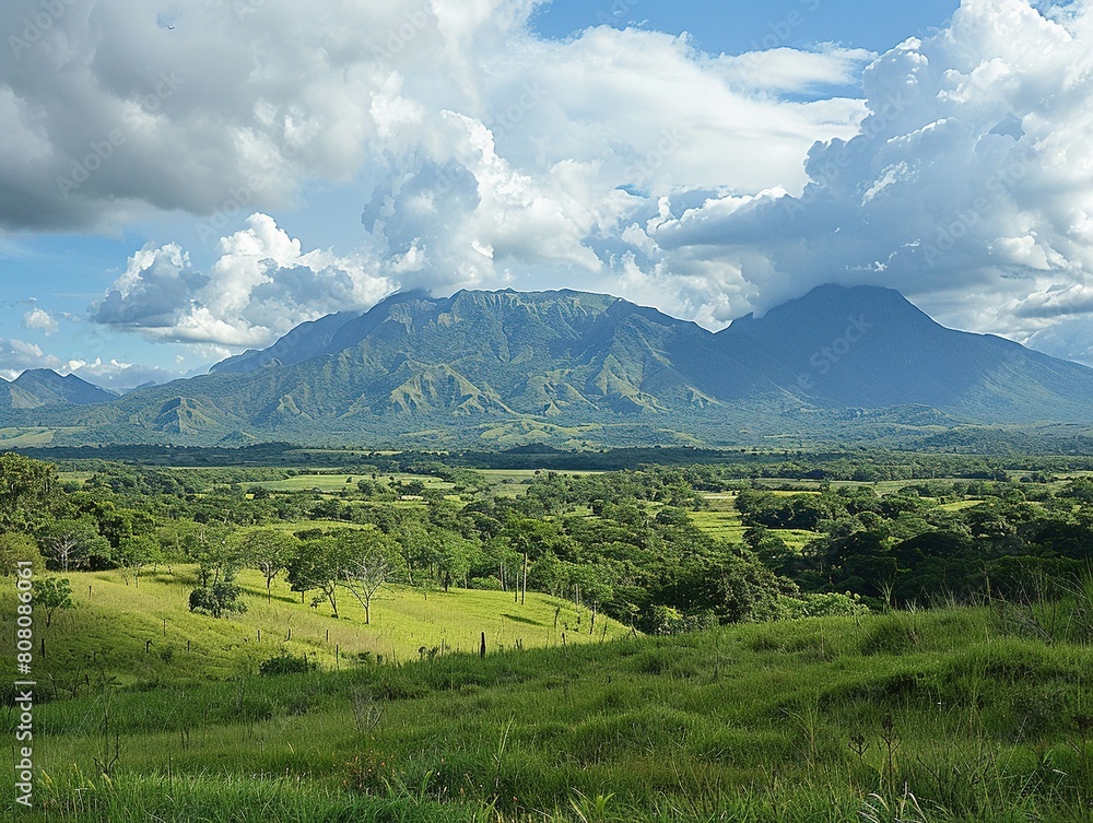 Fototapeta premium Majestic mountain range under a dynamic sky, clouds casting shadows over verdant valleys