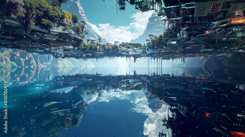 A visual story of two parallel worlds mirrored in a tranquil lake, one above filled with advanced technology and vibrant life, the other below, 