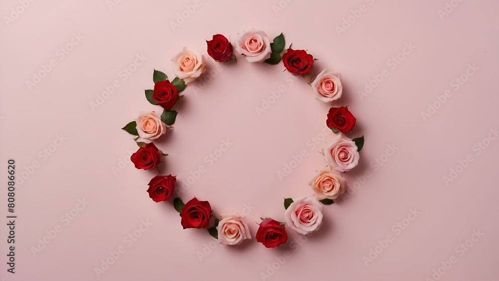 Mother's Day concept. Top view photo of empty circle small roses hearts and sprinkles on isolated pastel pink background with copy space