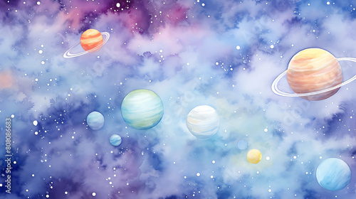 Design a watercolor background with a simple  elegant interpretation of space and planets