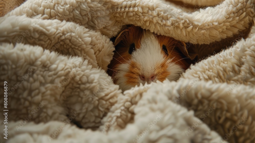 Satisfied Guinea Pig Nestled in Comfortable Bedding Satisfied Guinea Pig Nestled in Comfortable Bedding