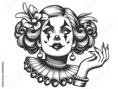 clown girl with elaborate curls and a flower in her hair, graceful hand gesture sketch engraving generative ai fictional character vector illustration. Scratch board imitation. Black and white image.