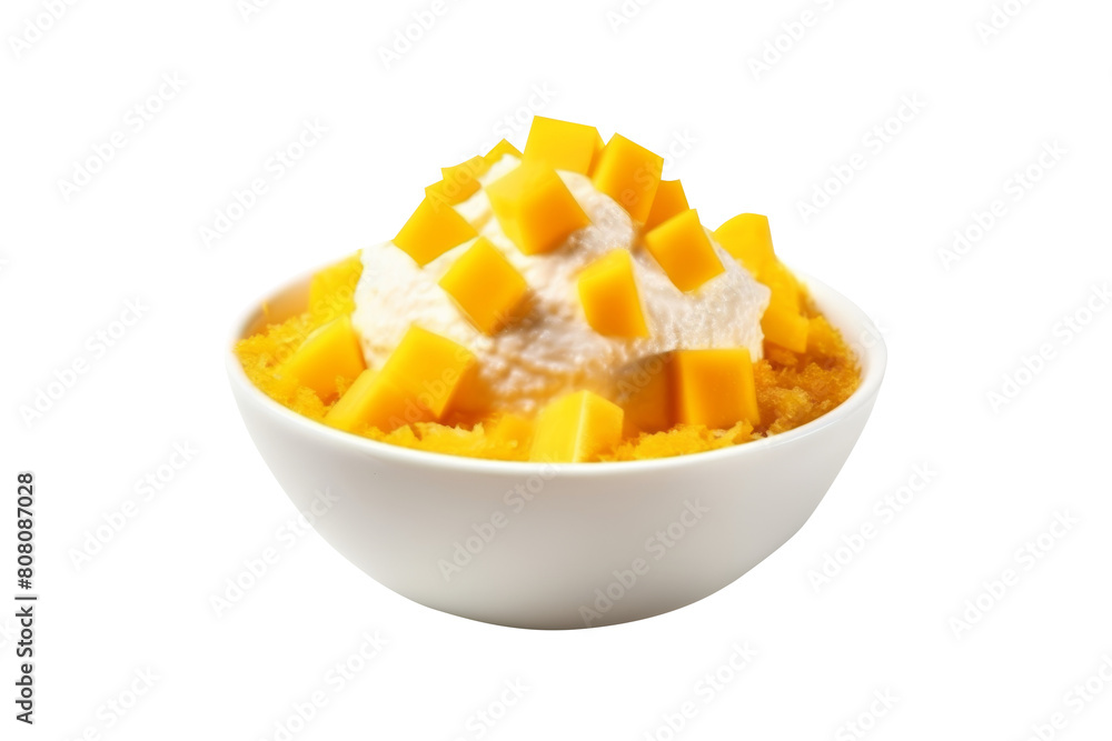 Ice bingsu milkshake with ripe mango in bowl isolated on transparent background. Ice bingsu milkshake with ripe mango in bowl isolated on transparent background.