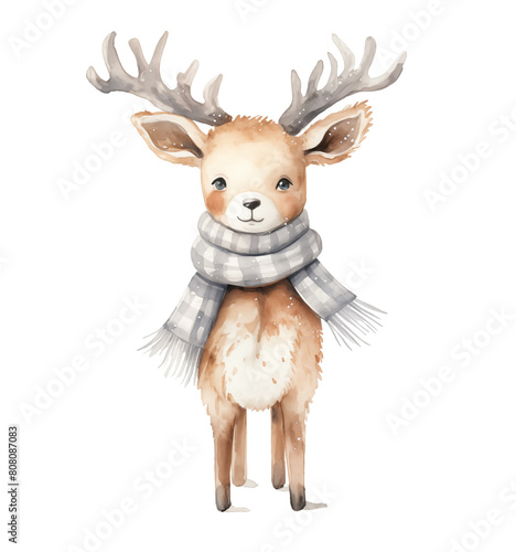 Watercolor Christmas Deer with Scarf in Winter Setting