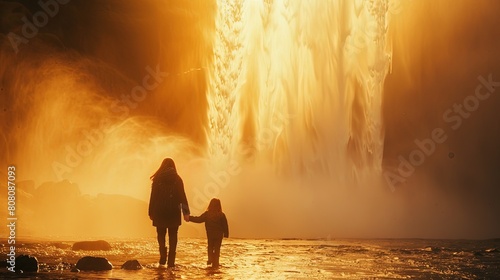 A woman and a child are walking near a waterfall, Mother's Day. photo