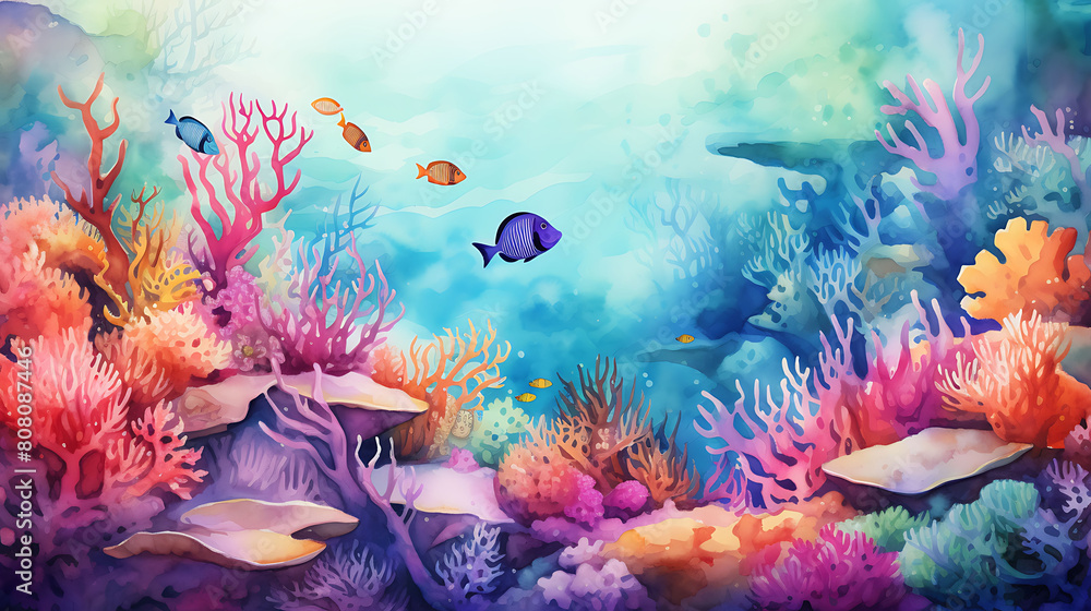 Design a watercolor background with a vibrant coral reef underwater scene