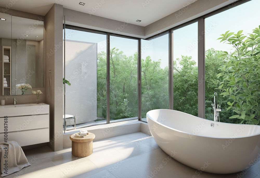 Three-dimensional render of an elegant, contemporary bathroom with a view of nature through large french windows, created through Generative AI technology Three-dimensional render of an elegant, contemporary bathroom with a view of nature through large french windows, created through Generative AI technology