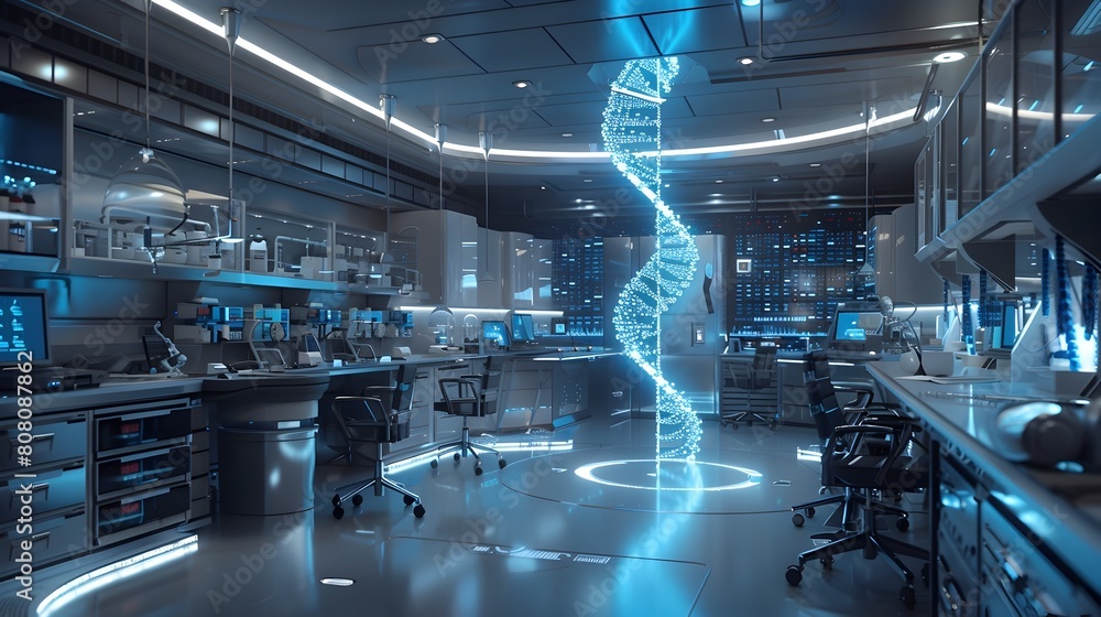 Futuristic Medical Laboratory with Advanced Robotic Systems and Glowing DNA Strands in Sleek High Tech Interior Design