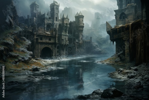 mountain gorge, flooded, gorge lake, medieval city submerged, castle ruins