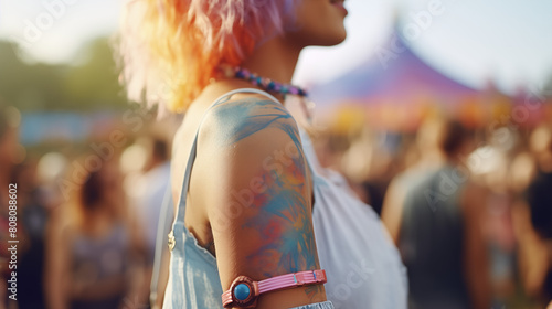 A close-up shot of a brightly colored temporary tattoo on someone's arm at a music festival photo