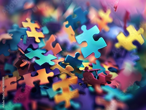 Vibrant geometric puzzle, pieces floating in an abstract space, creating a dynamic and engaging composition Ideal for innovative project backgrounds photo