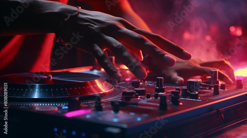 A close-up shot of a DJ's fingers manipulating the controls on their turntable at a music festival photo