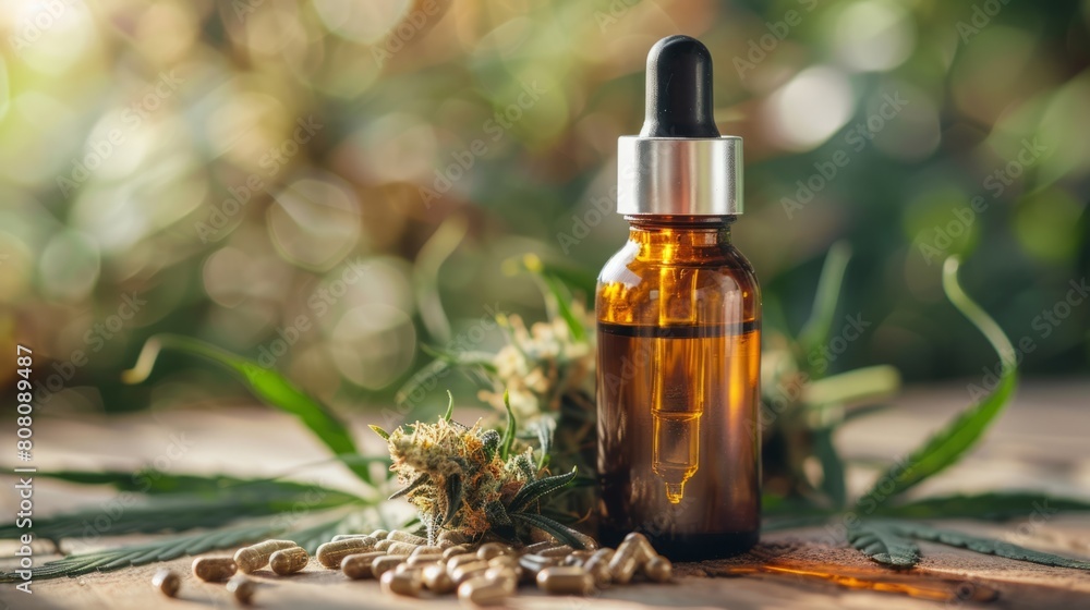 small bottle of cbd oil tincture with dried hemp leaves, representing alternative health supplement concept for wellness small bottle of cbd oil tincture with dried hemp leaves, representing alternative health supplement concept for wellness