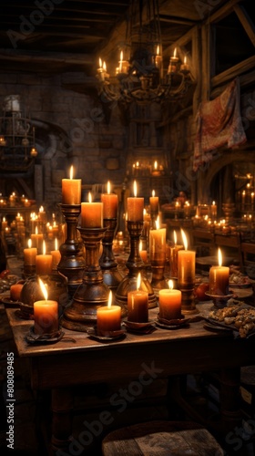 several large candles in a dimly lit medieval tavern