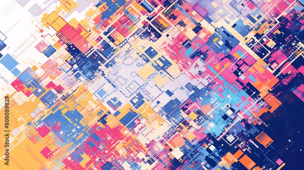 A digital mosaic of pixels arranged in a mosaic of abstract patterns and designs.