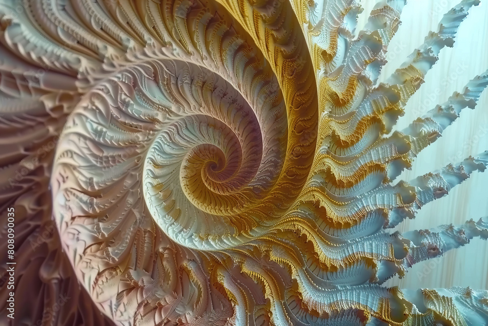 Obraz premium Psychedelic fractal interior structure, texture of conical shell, pattern, vibrant, decorative element, pastel soft colors