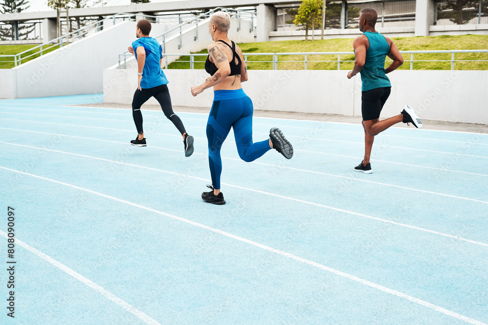 Fototapeta premium People, running and stadium for workout or sport on track, training or exercise for wellness. Group, team and arena with runner for freedom or health in sunshine, commitment and strong with cardio