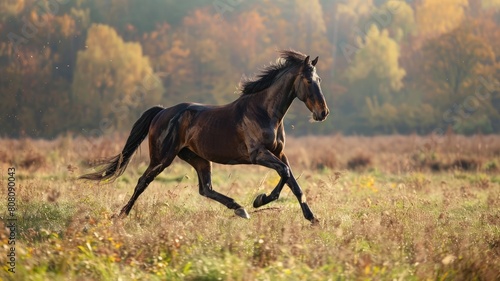 A horse grazing in a meadow at sunrise